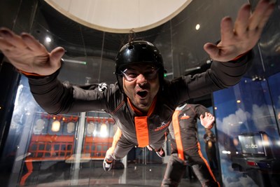 Man flies in iFLY indoor skydiving wind tunnel at The Bear Grylls Adventure Birmingham